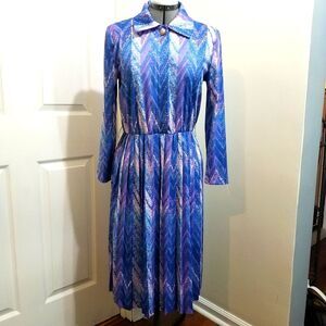 Vintage 1980s pastel lavender striped chevron print secretary dress 10p